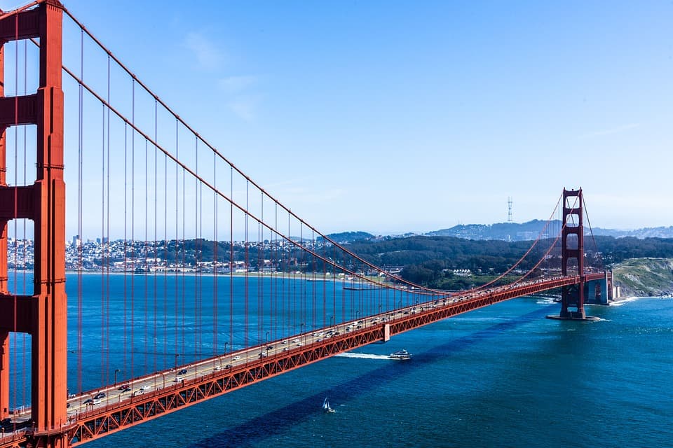 The Golden Gate Bridge across the bay under a clear sky