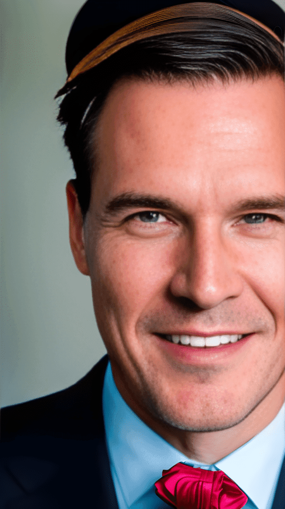 A close up studio portrait of a smiling man in a suit and bow tie
