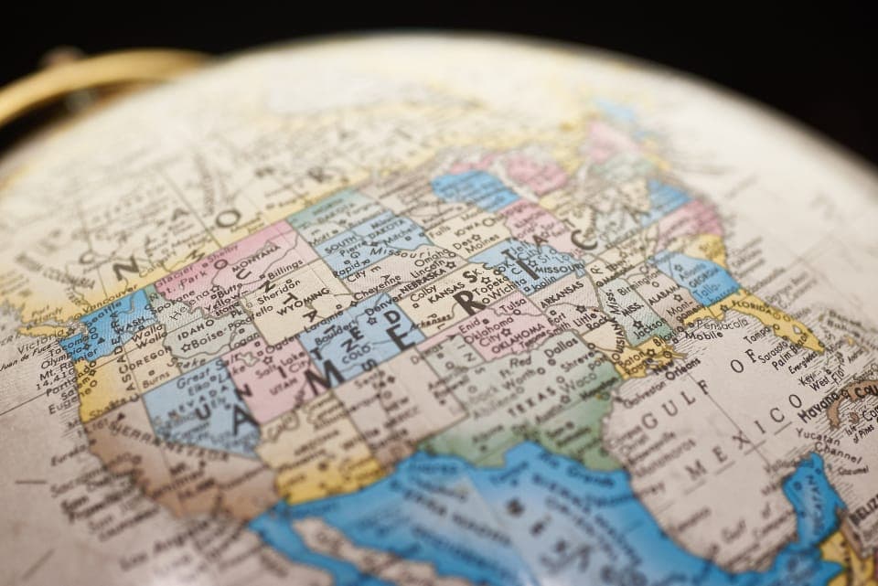 A close up of a world globe showing North America